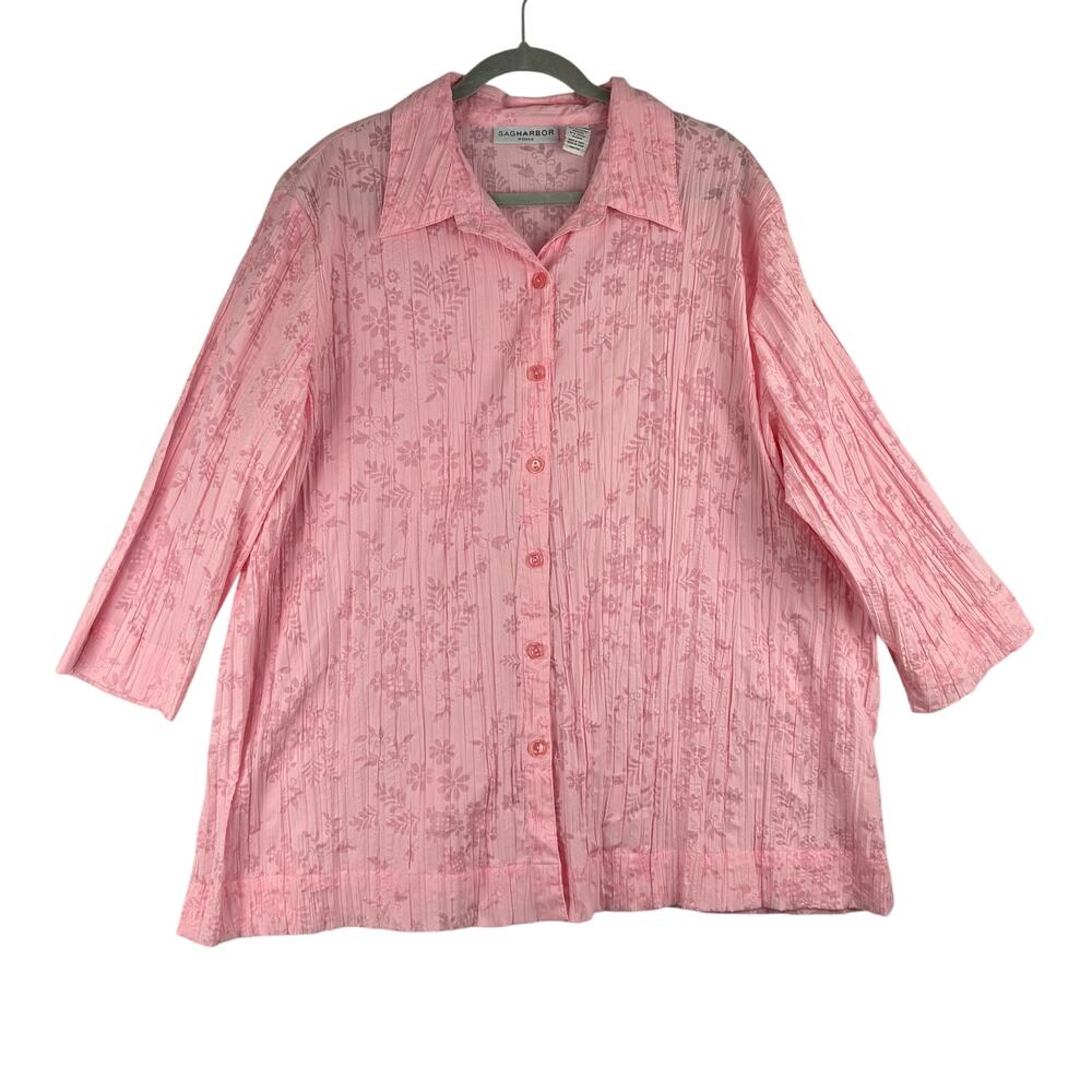 Vintage Sag Harbor 3/4 Sleeve Button Up Blouse Womens 2X Pink Floral Feminine